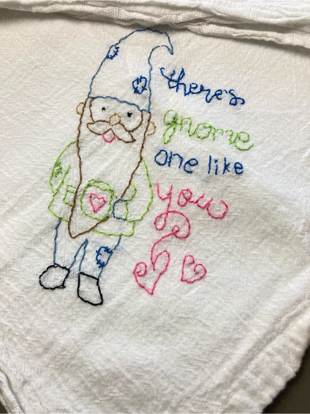 Hand-Embroidered Whimsical Gnome Flour Sack Kitchen Dish Towels - Set of 3